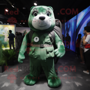 Forest Green Seal mascot costume character dressed with a Playsuit and Backpacks