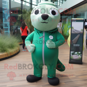 Forest Green Seal mascot costume character dressed with a Playsuit and Backpacks