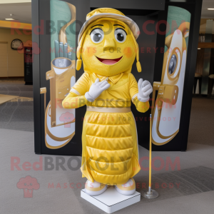 Gold Golf Bag mascot costume character dressed with a Wrap Dress and Headbands