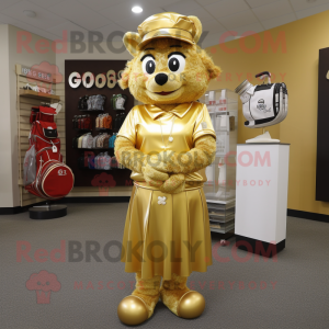 Gold Golf Bag mascot costume character dressed with a Wrap Dress and Headbands