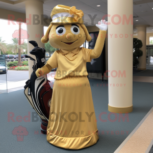 Gold Golf Bag mascot costume character dressed with a Wrap Dress and Headbands