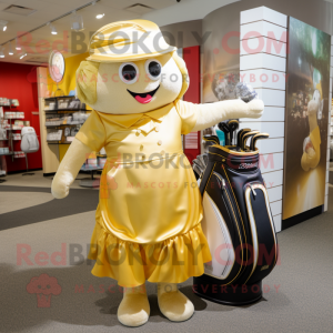 Gold Golf Bag mascot costume character dressed with a Wrap Dress and Headbands