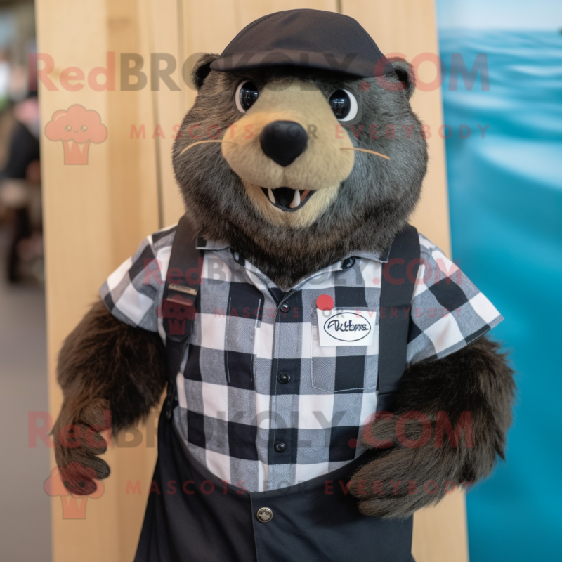 Black Beaver mascot costume character dressed with a Chambray Shirt and Cummerbunds Black Beaver mascot costume character dressed with a Chambray Shirt and Cummerbunds