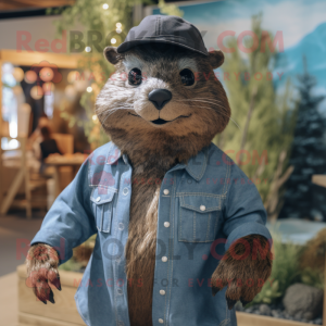 Black Beaver mascot costume character dressed with a Chambray Shirt and Cummerbunds