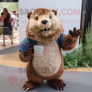 nan Beaver mascot costume character dressed with a Jeans and Hair clips