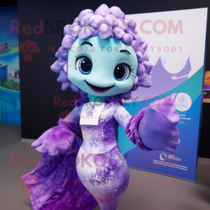 Lavender Mermaid mascot costume character dressed with a Rash Guard and Scarves