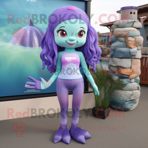 Lavender Mermaid mascot costume character dressed with a Rash Guard and Scarves