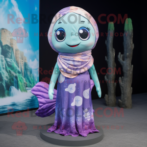 Lavender Mermaid mascot costume character dressed with a Rash Guard and Scarves