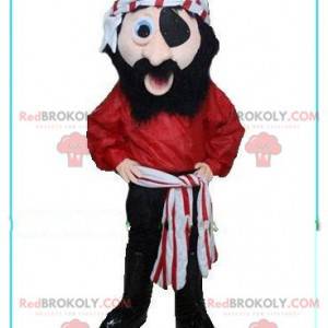 Mascotte de pirate souriant avec un chèche rouge et blanc -