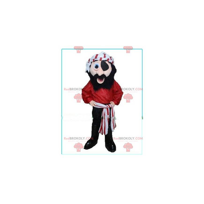 Mascotte de pirate souriant avec un chèche rouge et blanc -