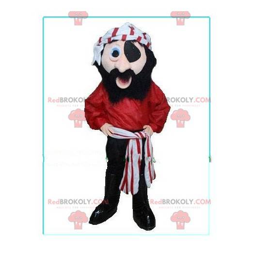 Mascote pirata sorrindo com um lenço vermelho e branco -