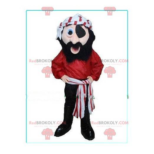 Mascotte de pirate souriant avec un chèche rouge et blanc -