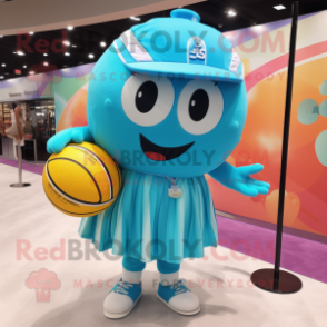Turquoise Volleyball Ball mascot costume character dressed with a Maxi Skirt and Messenger bags