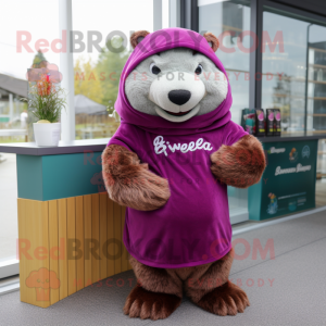 Magenta Beaver mascot costume character dressed with a Wrap Dress and Beanies