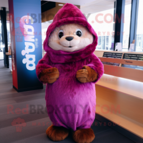 Magenta Beaver mascot costume character dressed with a Wrap Dress and Beanies