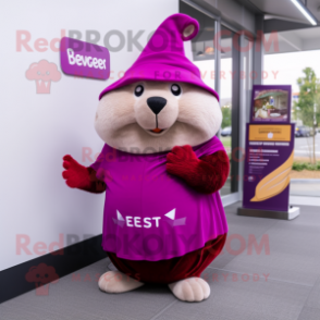 Magenta Beaver mascot costume character dressed with a Wrap Dress and Beanies