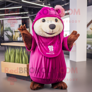 Magenta Beaver mascot costume character dressed with a Wrap Dress and Beanies