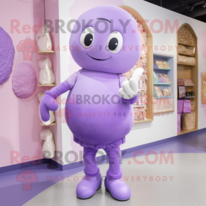 Lavender Candy mascot costume character dressed with a Leggings and Clutch bags