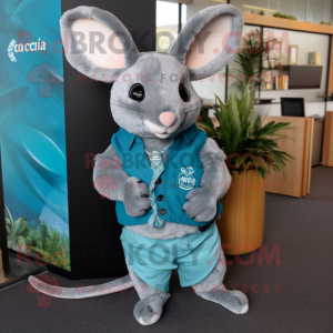 Teal Chinchilla mascot costume character dressed with a Long Sleeve Tee and Tie pins