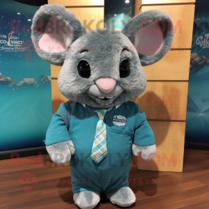 Teal Chinchilla mascot costume character dressed with a Long Sleeve Tee and Tie pins