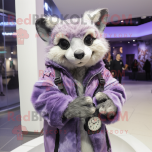 Lavender Civet mascot costume character dressed with a Parka and Bracelet watches