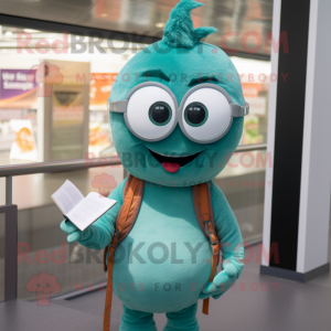 Teal Onion mascot costume character dressed with a Henley Tee and Reading glasses