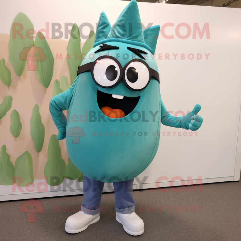 Teal Onion mascot costume character dressed with a Henley Tee and Reading glasses