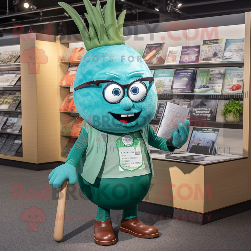 Teal Onion mascot costume character dressed with a Henley Tee and Reading glasses