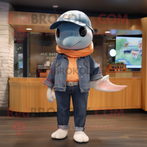 Peach Humpback Whale mascot costume character dressed with a Jeans and Rings