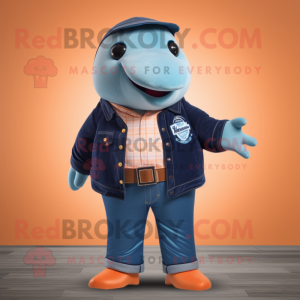 Peach Humpback Whale mascot costume character dressed with a Jeans and Rings