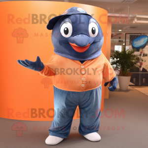 Peach Humpback Whale mascot costume character dressed with a Jeans and Rings