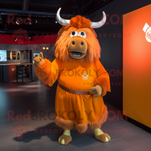 Orange Yak mascot costume character dressed with a Wrap Dress and Cummerbunds
