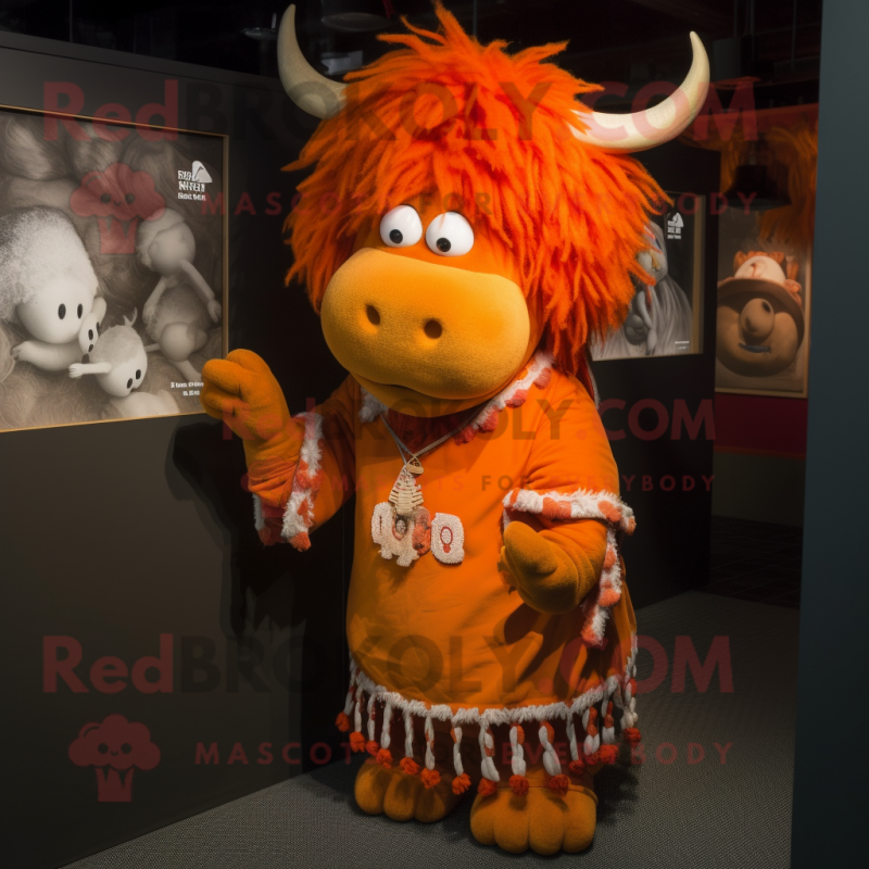 Orange Yak mascot costume character dressed with a Wrap Dress and Cummerbunds Orange Yak mascot costume character dressed with a Wrap Dress and Cummerbunds