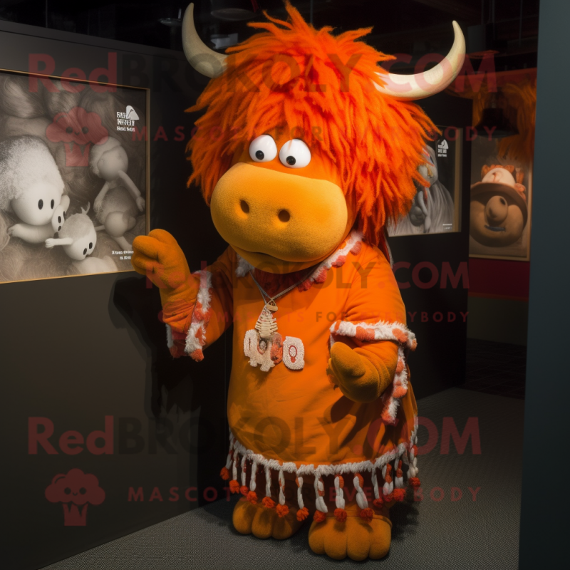 Orange Yak mascot costume character dressed with a Wrap Dress and Cummerbunds