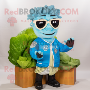 Sky Blue Caesar Salad mascot costume character dressed with a Bomber Jacket and Reading glasses