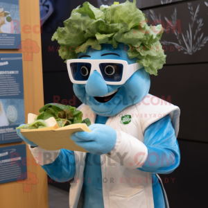 Sky Blue Caesar Salad mascot costume character dressed with a Bomber Jacket and Reading glasses