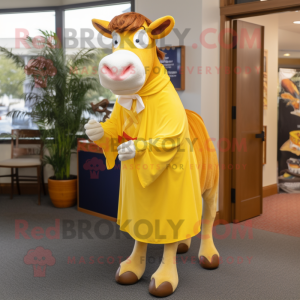Yellow Guernsey Cow mascot costume character dressed with a Dress Pants and Shawls