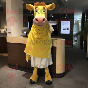 Yellow Guernsey Cow mascot costume character dressed with a Dress Pants and Shawls