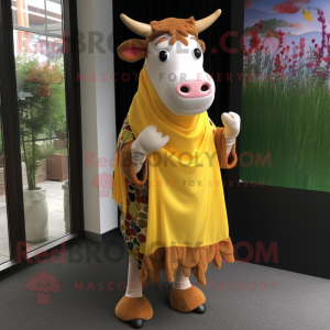 Yellow Guernsey Cow mascot costume character dressed with a Dress Pants and Shawls