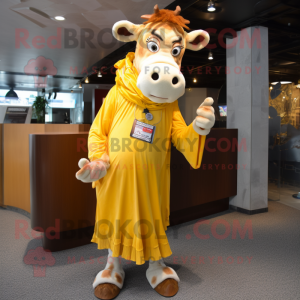 Yellow Guernsey Cow mascot costume character dressed with a Dress Pants and Shawls