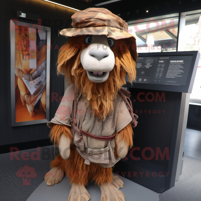 Rust Boer Goat mascot costume character dressed with a Cover-up and Hats Rust Boer Goat mascot costume character dressed with a Cover-up and Hats