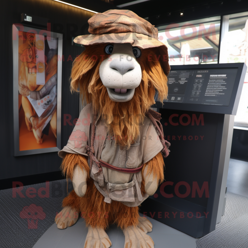 Rust Boer Goat mascot costume character dressed with a Cover-up and Hats