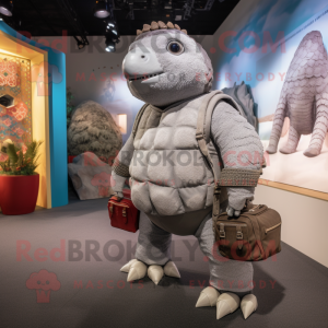 Silver Glyptodon mascot costume character dressed with a Jumpsuit and Messenger bags