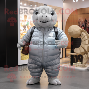 Silver Glyptodon mascot costume character dressed with a Jumpsuit and Messenger bags