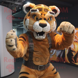 Brown Saber-Toothed Tiger mascot costume character dressed with a Dungarees and Rings
