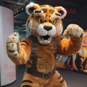 Brown Saber-Toothed Tiger mascot costume character dressed with a Dungarees and Rings