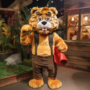 Brown Saber-Toothed Tiger mascot costume character dressed with a Dungarees and Rings