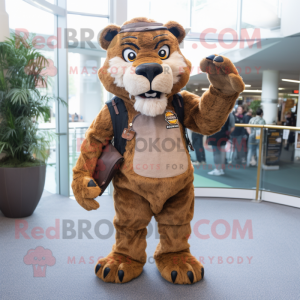 Brown Saber-Toothed Tiger mascot costume character dressed with a Dungarees and Rings