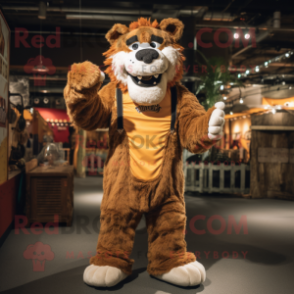 Brown Saber-Toothed Tiger mascot costume character dressed with a Dungarees and Rings