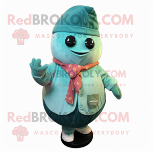 Teal Melon mascot costume character dressed with a Coat and Earrings